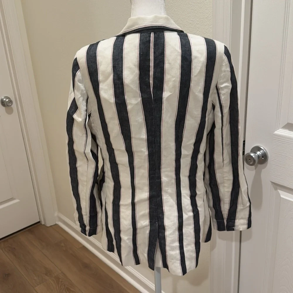 FRAME Bold Stripe Navy White Linen Blazer Sz 4 - Picture 9 of 16